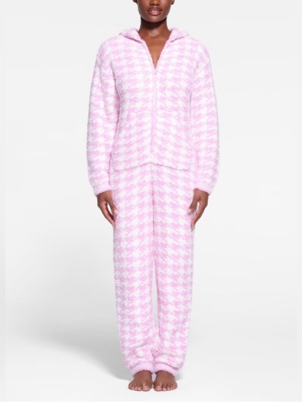 SKIMS Pink and White Houndstooth Plush Hooded Pajama One-Piece